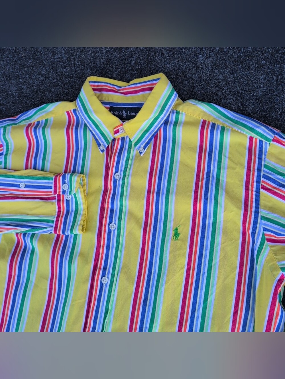 Ralph Lauren Shirt Mens 16.5 Large Yellow Rainbow Striped Button Down Green Pony